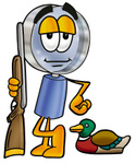 Clip Art Graphic of a Blue Handled Magnifying Glass Cartoon Character Duck Hunting, Standing With a Rifle and Duck