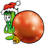 Clip Art Graphic of a Rolled Greenback Dollar Bill Banknote Cartoon Character Wearing a Santa Hat, Standing With a Christmas Bauble