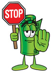 Clip Art Graphic of a Rolled Greenback Dollar Bill Banknote Cartoon Character Holding a Stop Sign
