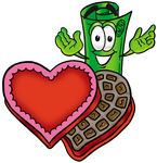 Clip Art Graphic of a Rolled Greenback Dollar Bill Banknote Cartoon Character With an Open Box of Valentines Day Chocolate Candies