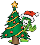 Clip Art Graphic of a Rolled Greenback Dollar Bill Banknote Cartoon Character Waving and Standing by a Decorated Christmas Tree