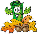 Clip Art Graphic of a Rolled Greenback Dollar Bill Banknote Cartoon Character With Autumn Leaves and Acorns in the Fall