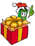 Clip Art Graphic of a Rolled Greenback Dollar Bill Banknote Cartoon Character Standing by a Christmas Present