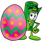 Clip Art Graphic of a Rolled Greenback Dollar Bill Banknote Cartoon Character Standing Beside an Easter Egg