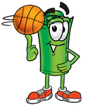 Clip Art Graphic of a Rolled Greenback Dollar Bill Banknote Cartoon Character Spinning a Basketball on His Finger