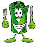 Clip Art Graphic of a Rolled Greenback Dollar Bill Banknote Cartoon Character Holding a Knife and Fork
