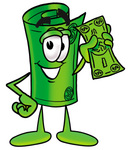 Clip Art Graphic of a Rolled Greenback Dollar Bill Banknote Cartoon Character Holding a Dollar Bill