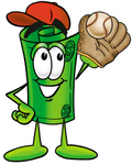 Clip Art Graphic of a Rolled Greenback Dollar Bill Banknote Cartoon Character Catching a Baseball With a Glove