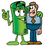 Clip Art Graphic of a Rolled Greenback Dollar Bill Banknote Cartoon Character Talking to a Business Man