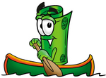 Clip Art Graphic of a Rolled Greenback Dollar Bill Banknote Cartoon Character Rowing a Boat