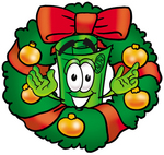 Clip Art Graphic of a Rolled Greenback Dollar Bill Banknote Cartoon Character in the Center of a Christmas Wreath