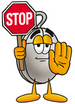 Clip Art Graphic of a Wired Computer Mouse Cartoon Character Holding a Stop Sign