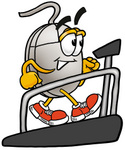 Clip Art Graphic of a Wired Computer Mouse Cartoon Character Walking on a Treadmill in a Fitness Gym