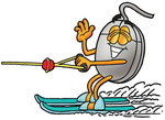 Clip Art Graphic of a Wired Computer Mouse Cartoon Character Waving While Water Skiing