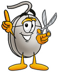 Clip Art Graphic of a Wired Computer Mouse Cartoon Character Holding a Pair of Scissors