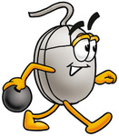 Clip Art Graphic of a Wired Computer Mouse Cartoon Character Holding a Bowling Ball