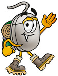 Clip Art Graphic of a Wired Computer Mouse Cartoon Character Hiking and Carrying a Backpack
