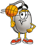 Clip Art Graphic of a Wired Computer Mouse Cartoon Character Spinning a Basketball on His Finger