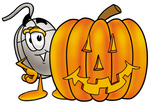Clip Art Graphic of a Wired Computer Mouse Cartoon Character With a Carved Halloween Pumpkin