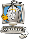 Clip Art Graphic of a Wired Computer Mouse Cartoon Character Waving From Inside a Computer Screen