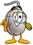 Clip Art Graphic of a Wired Computer Mouse Cartoon Character Looking Through a Magnifying Glass