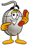 Clip Art Graphic of a Wired Computer Mouse Cartoon Character Holding a Telephone