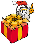Clip Art Graphic of a Wired Computer Mouse Cartoon Character Standing by a Christmas Present