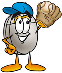 Clip Art Graphic of a Wired Computer Mouse Cartoon Character Catching a Baseball With a Glove