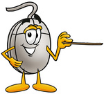 Clip Art Graphic of a Wired Computer Mouse Cartoon Character Holding a Pointer Stick