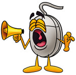 Clip Art Graphic of a Wired Computer Mouse Cartoon Character Screaming Into a Megaphone