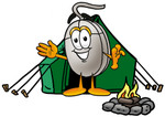 Clip Art Graphic of a Wired Computer Mouse Cartoon Character Camping With a Tent and Fire