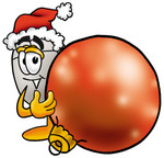 Clip Art Graphic of a Wired Computer Mouse Cartoon Character Wearing a Santa Hat, Standing With a Christmas Bauble