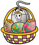 Clip Art Graphic of a Wired Computer Mouse Cartoon Character in an Easter Basket Full of Decorated Easter Eggs