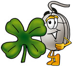 Clip Art Graphic of a Wired Computer Mouse Cartoon Character With a Green Four Leaf Clover on St Paddy’s or St Patricks Day