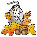 Clip Art Graphic of a Wired Computer Mouse Cartoon Character With Autumn Leaves and Acorns in the Fall