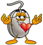 Clip Art Graphic of a Wired Computer Mouse Cartoon Character With His Heart Beating Out of His Chest