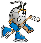 Clip Art Graphic of a Wired Computer Mouse Cartoon Character Playing Ice Hockey
