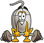 Clip Art Graphic of a Wired Computer Mouse Cartoon Character Lifting a Heavy Barbell