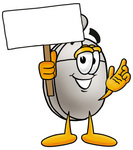 Clip Art Graphic of a Wired Computer Mouse Cartoon Character Holding a Blank Sign