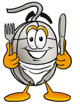 Clip Art Graphic of a Wired Computer Mouse Cartoon Character Holding a Knife and Fork
