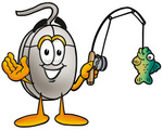 Clip Art Graphic of a Wired Computer Mouse Cartoon Character Holding a Fish on a Fishing Pole