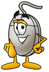 Clip Art Graphic of a Wired Computer Mouse Cartoon Character Pointing at the Viewer