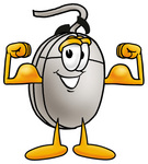 Clip Art Graphic of a Wired Computer Mouse Cartoon Character Flexing His Arm Muscles