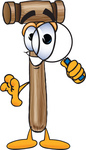Clip Art Graphic of a Wooden Mallet Cartoon Character Looking Through a Magnifying Glass