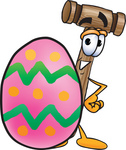 Clip Art Graphic of a Wooden Mallet Cartoon Character Standing Beside an Easter Egg