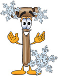 Clip Art Graphic of a Wooden Mallet Cartoon Character With Three Snowflakes in Winter