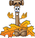 Clip Art Graphic of a Wooden Mallet Cartoon Character With Autumn Leaves and Acorns in the Fall