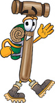 Clip Art Graphic of a Wooden Mallet Cartoon Character Hiking and Carrying a Backpack