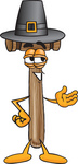 Clip Art Graphic of a Wooden Mallet Cartoon Character Wearing a Pilgrim Hat on Thanksgiving