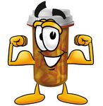 Clip Art Graphic of a Medication Prescription Pill Bottle Cartoon Character Flexing His Arm Muscles